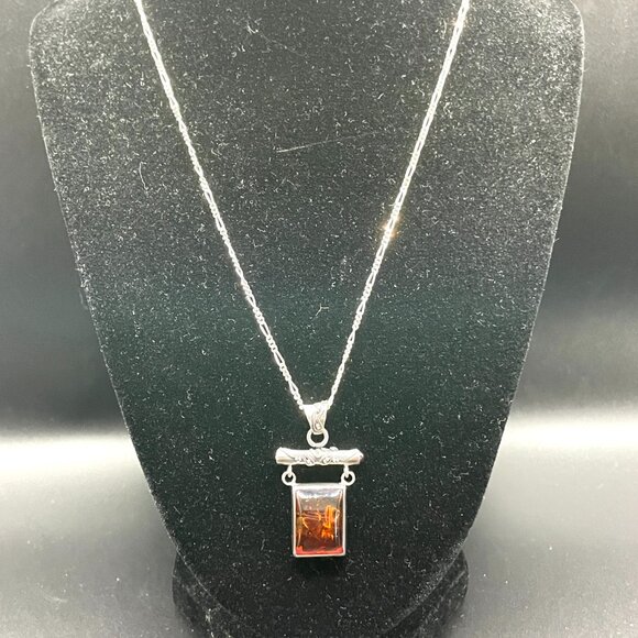 925 Sterling Silver Jewelry - Signed LB Lori Bonn Sterling Silver Baltic Amber Pendant Necklace AZ 925 Italy